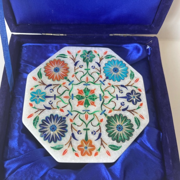 Octagon Marble Inlay Pietra Dura Art Jewelry Handcraft Handmade Box White Floral - Picture 2 of 15